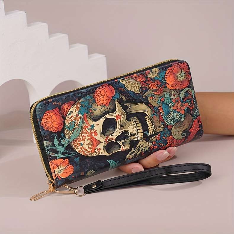 1pc Advanced Retro Halloween Wallet for Women 2024 New Fashionable Texture Pumpkin Skull Wallet Lon