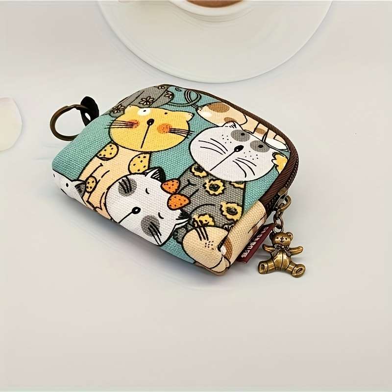 1pc Women's Cute Cartoon Cat Print Canvas Clutch WalletZippered Coin Purse with Animal Design L