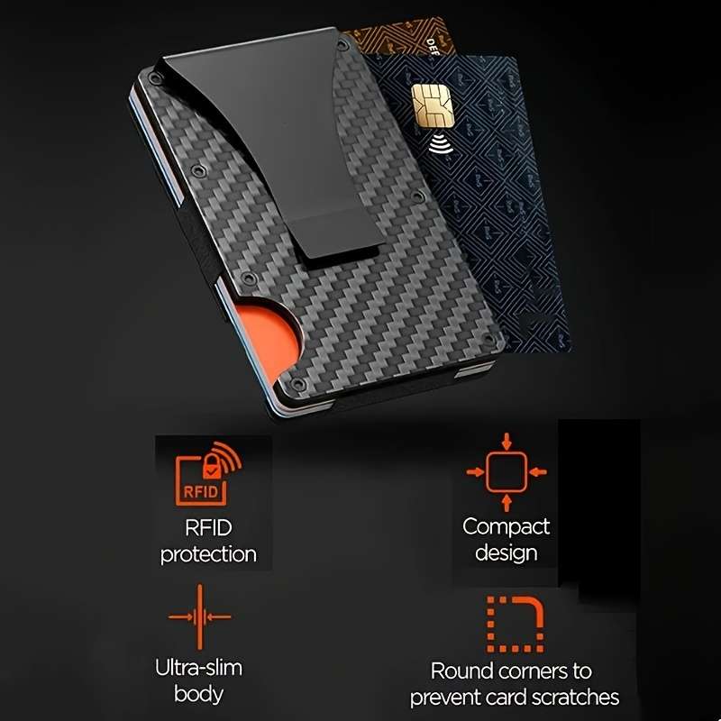 1pc RFID Blocking Slim Metal Wallet for Men Women Casual Style Carbon Fiber Card Holder with Sna