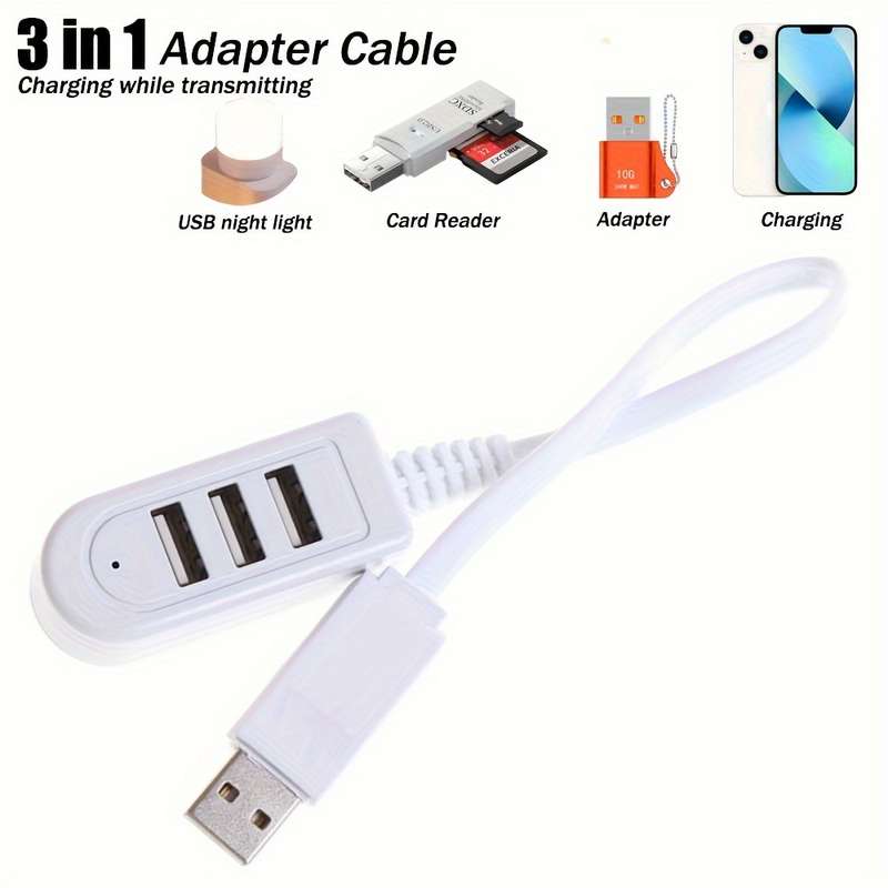 1pc 30cm 3in1 USB Multi-Port Adapter Cable 3 USB Charging with Data Transfer Night Light Car
