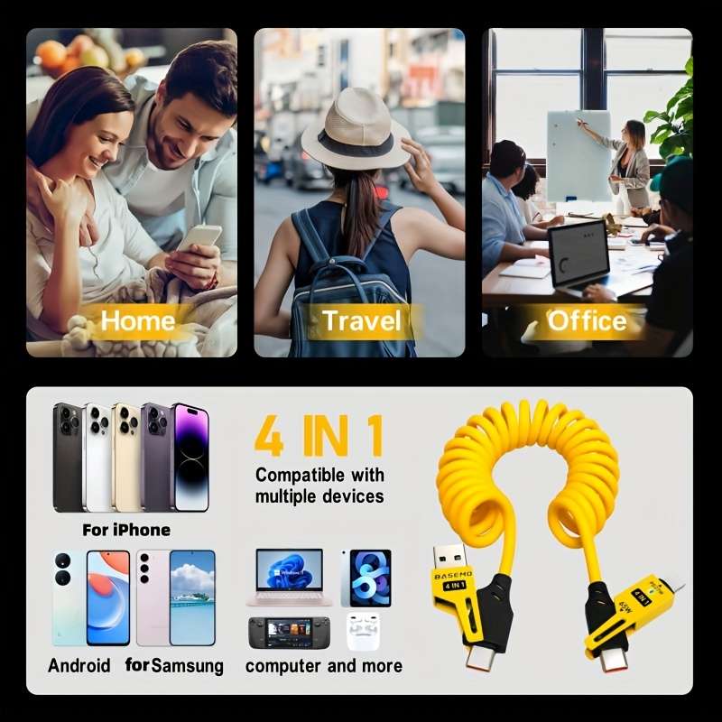 1pc 65W zinc alloy universal 4-in-1 high-speed charging data cable spring retractable cable co