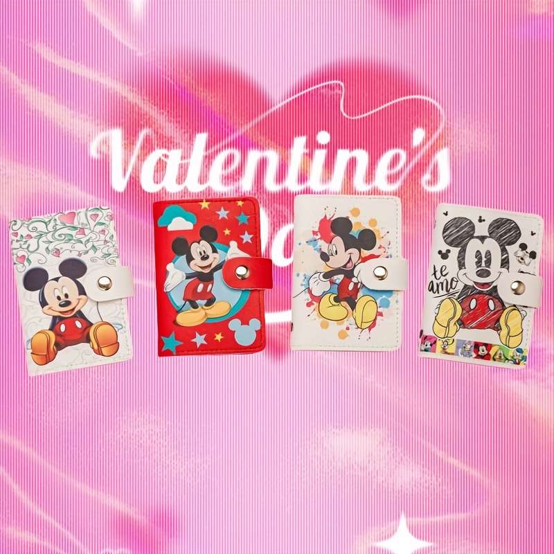 1pc Mickey Mouse Cartoon WalletCompact ID Card Holder with Buckle Closure Colorful Design Ha