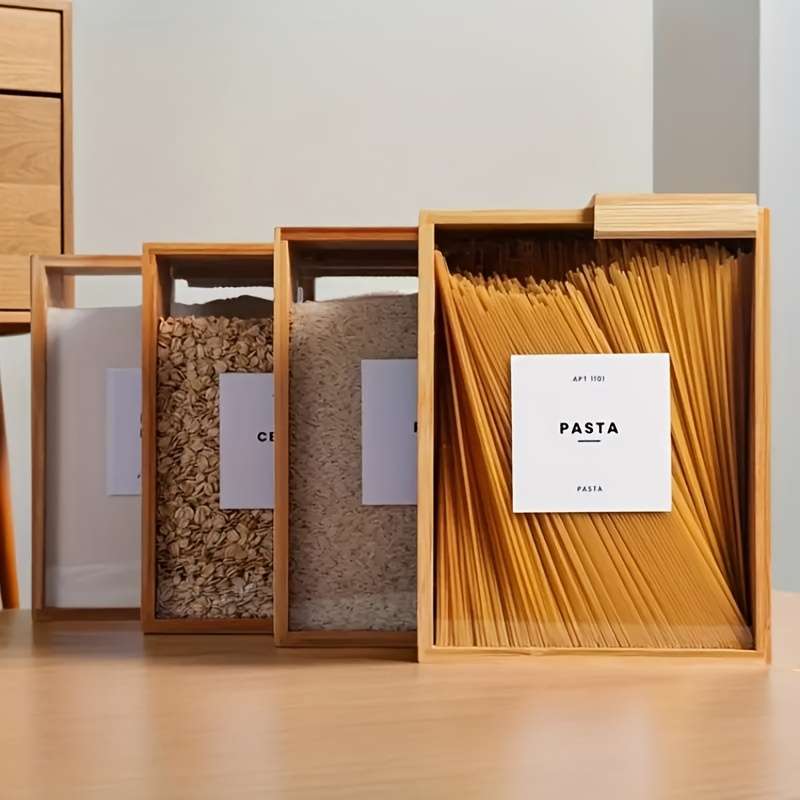1pc High-Quality 3L Bamboo Wood Food Storage Box with Sliding Lid Ideal for Pasta Grains M