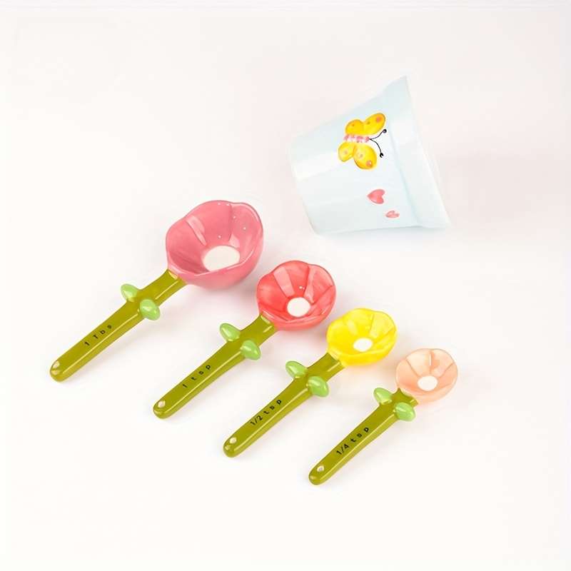 1 Set of Flower Spoons with Storage Rack Cute Household Kitchen Ceramic Spoons with Base Kitc