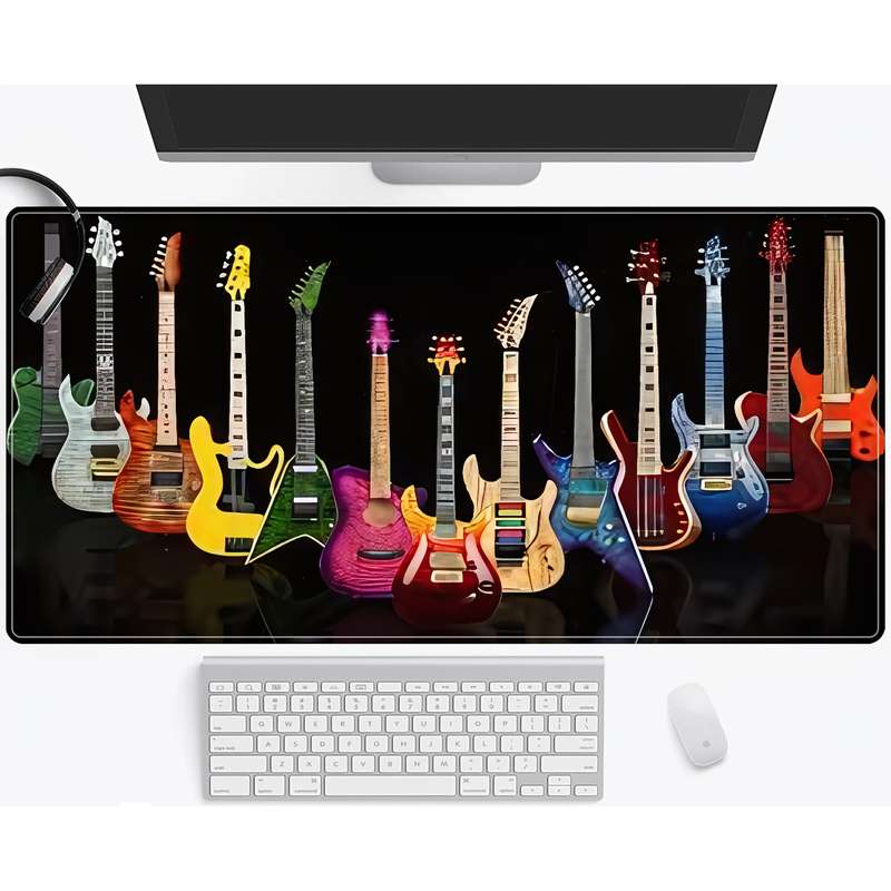 1pc Large Electric Guitar-Themed Mouse Pad Waterproof Non-Slip Rubber Base with Stitched Edges f