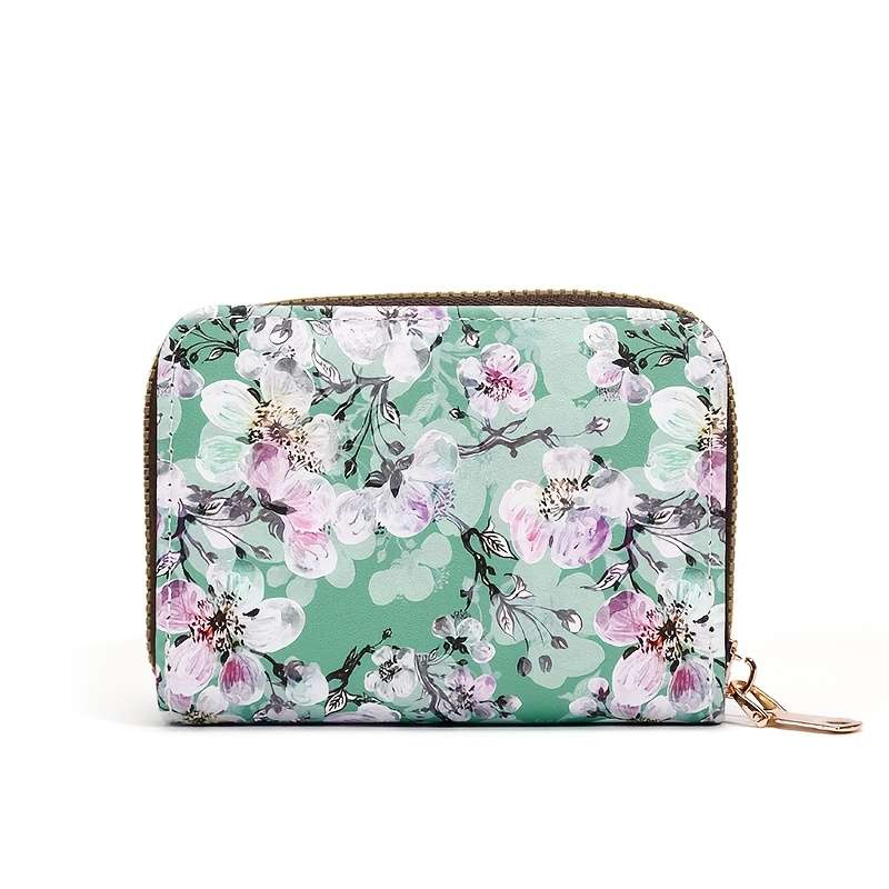 1pc Vintage Floral Print Card Holder Organizer for Women11-Slot Zipper Closure Wallet with Golde