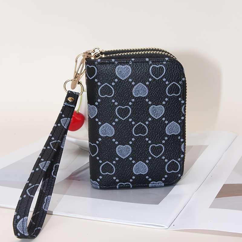 1pc Fashion Heart Print Double Zipper Wallet with Multiple Card Slots Large Capacity Faux Leather