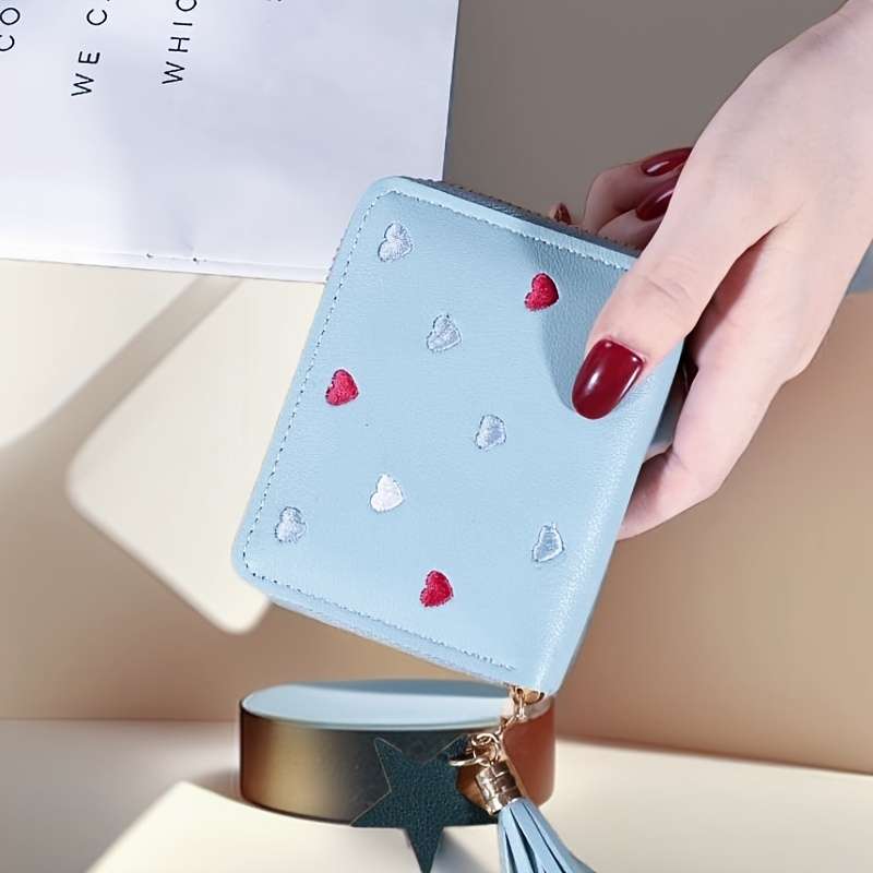 1pc Honey Girl Short Wallet Heart Embroidery Zipper Closure Polyester Lining Unisex with M