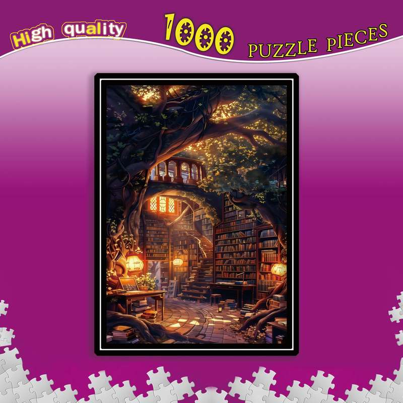 1000pcs Vibrant Adult Puzzle Enchanting Bookshelf Under Wisdom Tree Design 19.7in