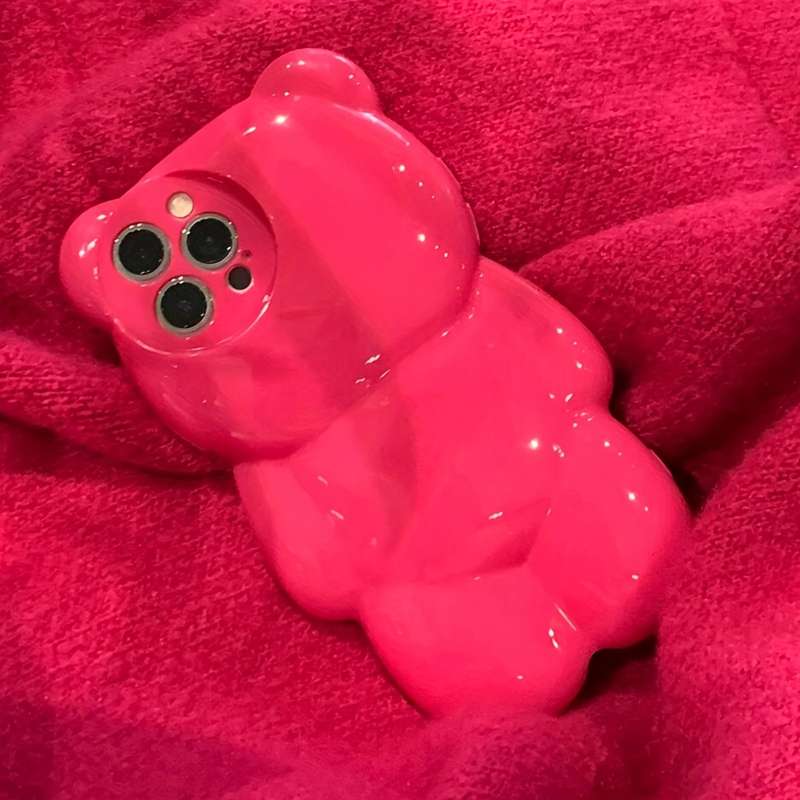 1Pc Rose Red For iPhone 13 3D Hot Pink Bear Phone Case