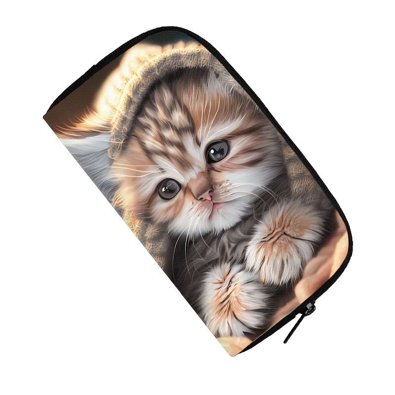1pc Kawaii Kitten Print Polyester Wallet for Women Casual Style Zippered Clutch