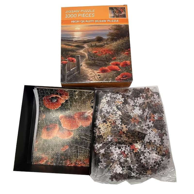 1000pcs Scarlet Horizon Mini Jigsaw Puzzle 26x38cm Coastal Landscape with Red Popp