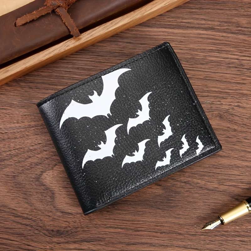 1pc Festive Black Leather Bifold Wallet with White Bat PrintPU Leather Casual Style Animal Pat