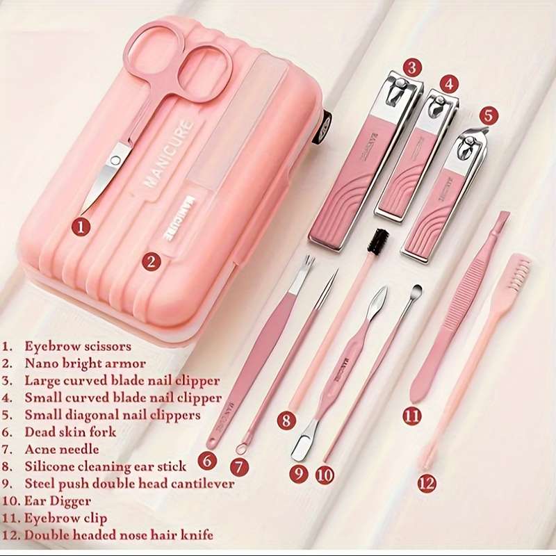 12pcs Set Modern Manicure Travel Kit Portable Trolley Case Nail Set Nail Clippers And Groomin