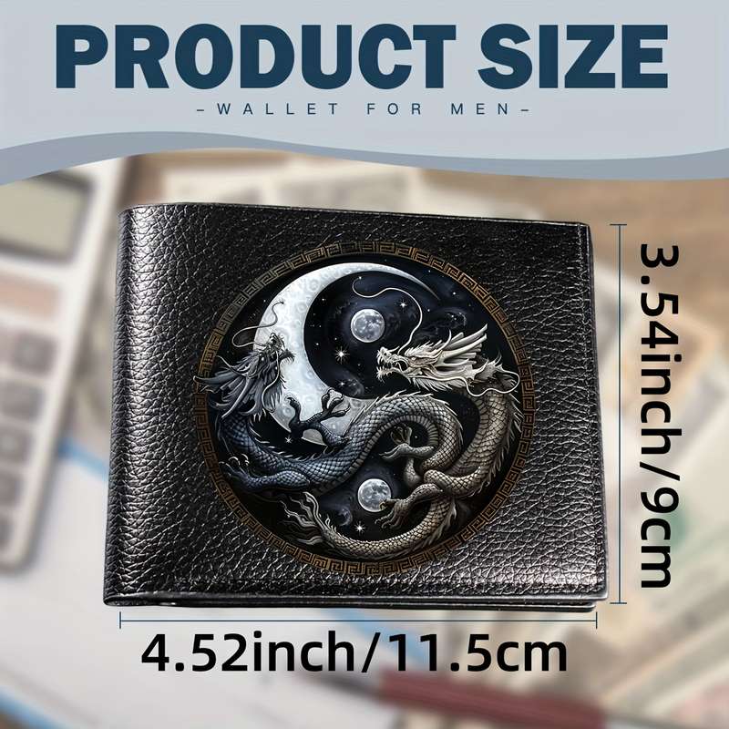 1pc Yin Yang Dragon Men'S Faux Leather Wallet Black Bifold Design with Card Holder Coin Purs