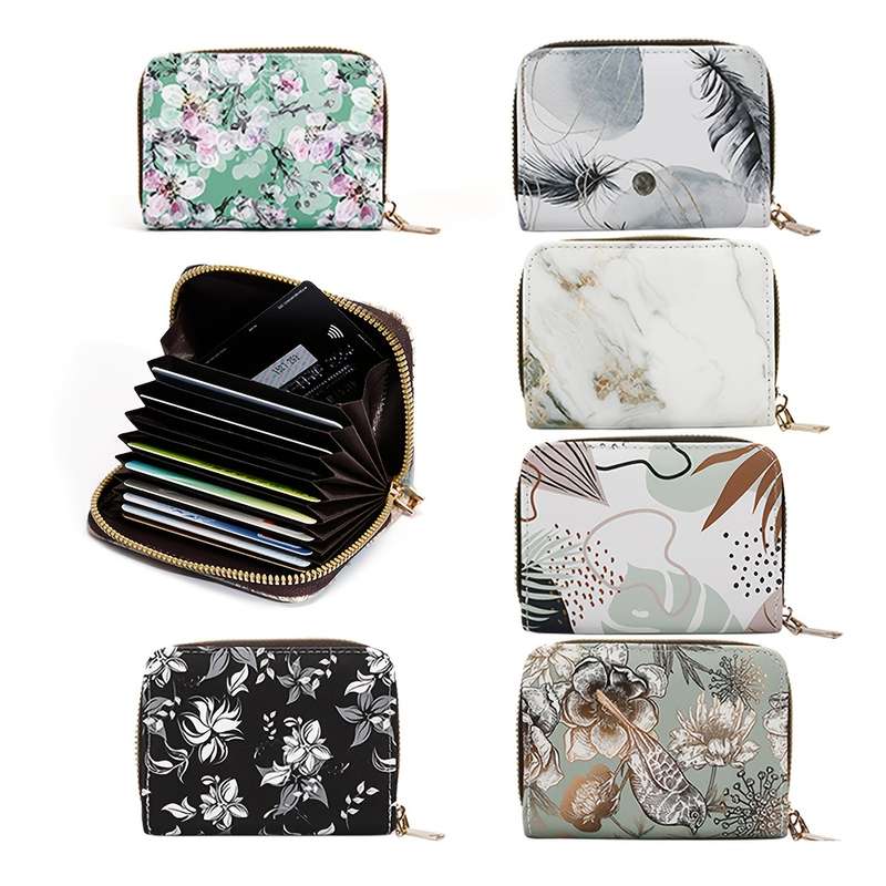 1pc Vintage Floral Print Card Holder Organizer for Women11-Slot Zipper Closure Wallet with Golde