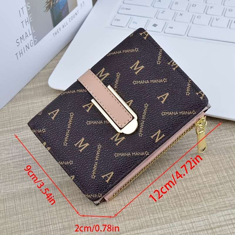 1pc Vintage Style Mini Zip Wallet for Men WomenBlack with "MANA" Print Magnetic Closure ID C