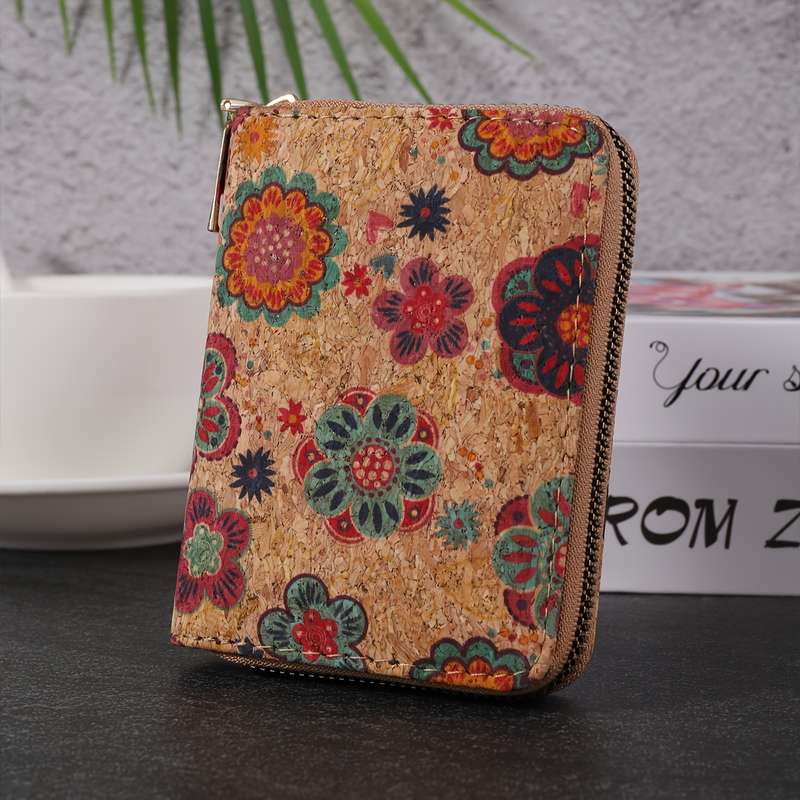 1pc Bohemian Vintage Mini Wallet Floral Pattern Short Cork Coin Purse Ethnic Style Credit Card Ho