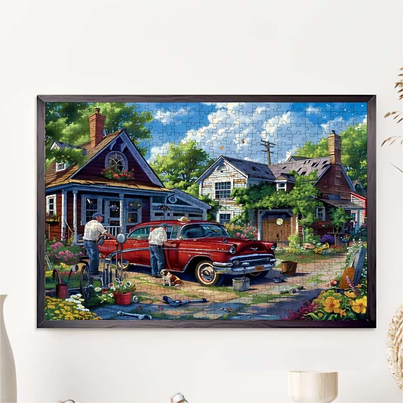 1000pcs Vintage Red Car Jigsaw Puzzle Artistic Paper Puzzle with Charming Neighborh