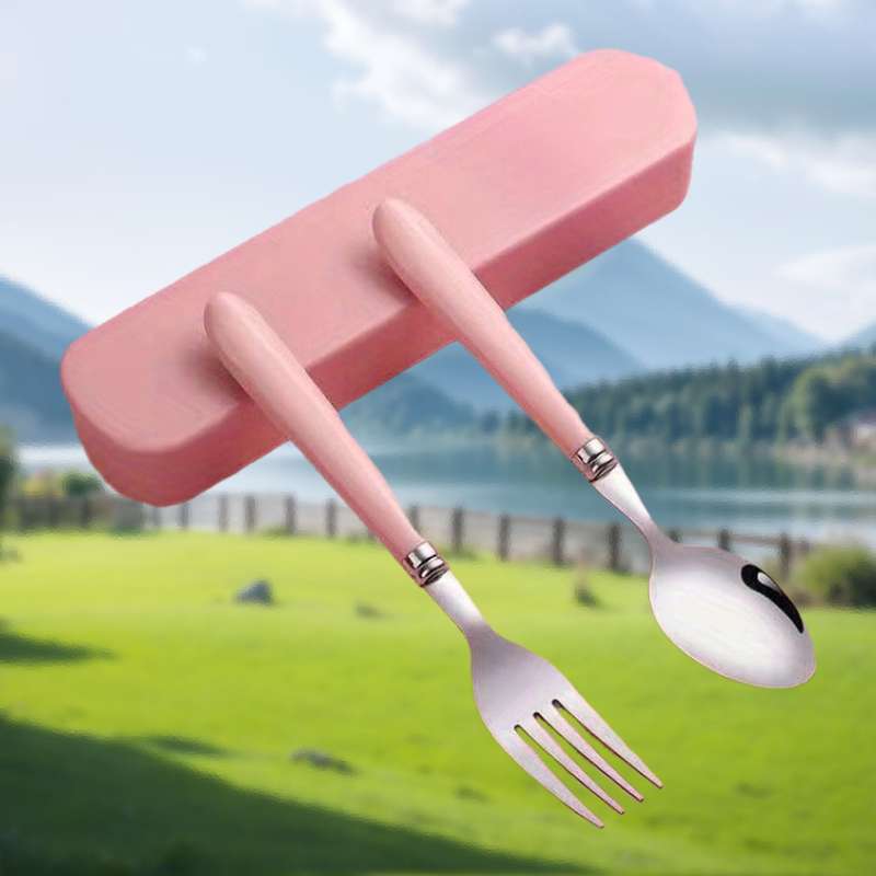 2pcs Stainless Steel Utensil Set with Storage Box Portable Spoon and Fork Available in Green