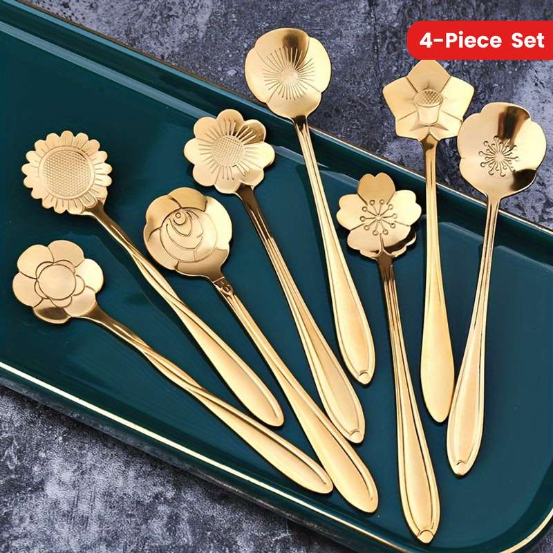 4pcs Premium Flower-Shaped Tea Spoon Set Durable Stainless Steel Construction Ergonomic Desi