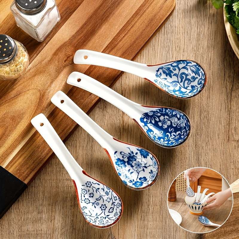 4pcs Ceramic Soup Spoon Japanese Home Use Creative Cute Ramen Noodle Spoon Soup Serving Spoon D