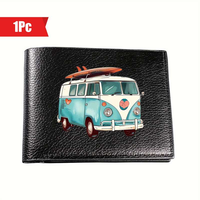 1pc Men'S Beach Bus Faux Leather WalletBlack Crocodile Pattern Casual Style Short Bifold C