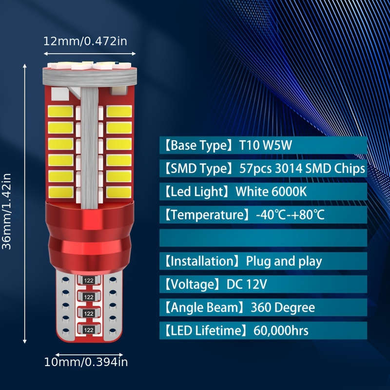2pcs T10 168 192 W5W 57 SMD 3014 LED Canbus No Error Car Marker Light Parking Lamp Mo