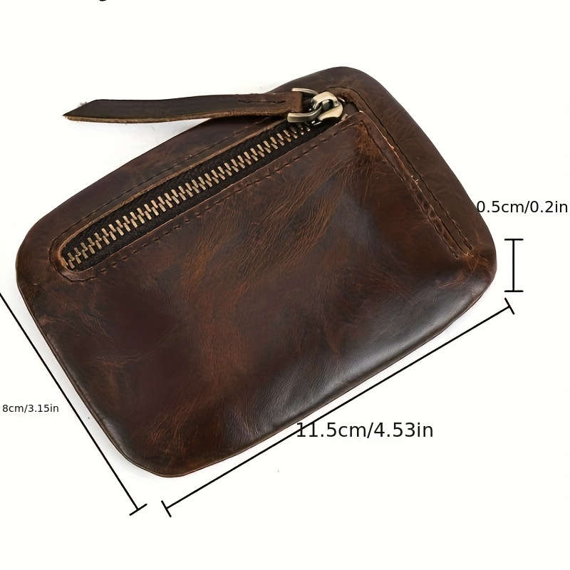 1pc Genuine Leather Cowhide Coin Wallet for Men Women Vintage Brown Leather Zipper Pouch wi