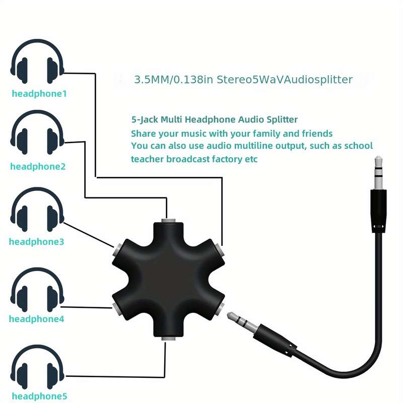 1pc 3.5mm Audio Splitter Cable Share Music with 5 Headphones Durable ABS Available in White