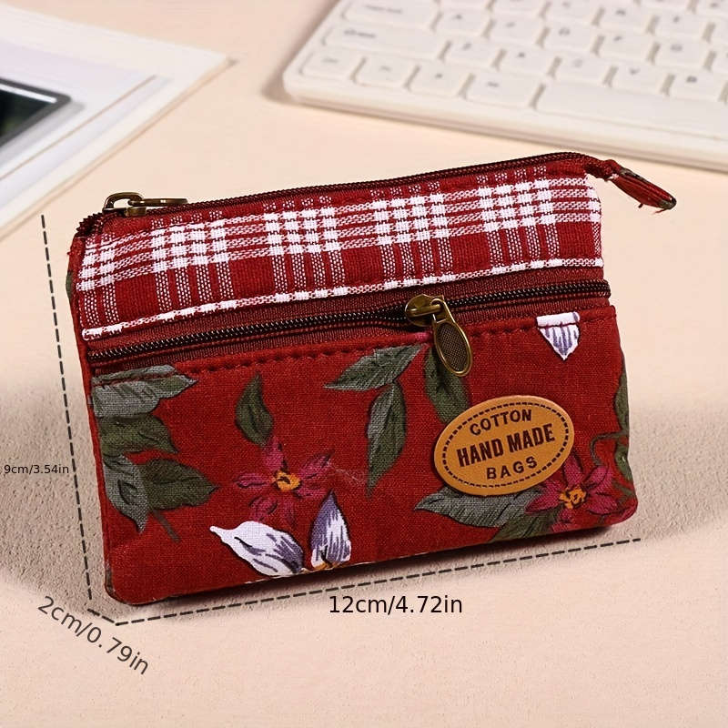 1pc Mini Fabric Coin Purse Flower Pattern Card Holder Multi Layer Change Pouch Wallet