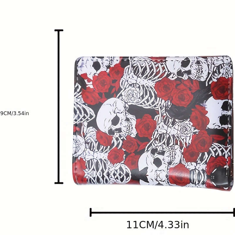 1pc Stylish Retro Skull Rose Compact Wallet for WomenVibrant Pink White Red Durable PU with P