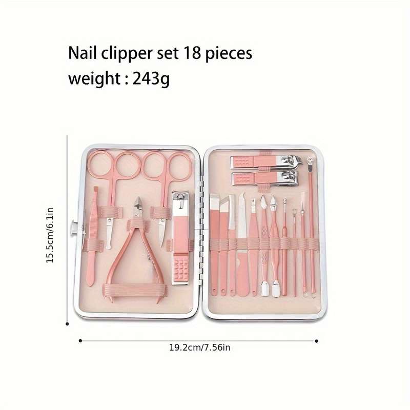 18pcs Stainless Steel Nail Clipper Set Modern Design with Straight Edge Blades Includes Stor