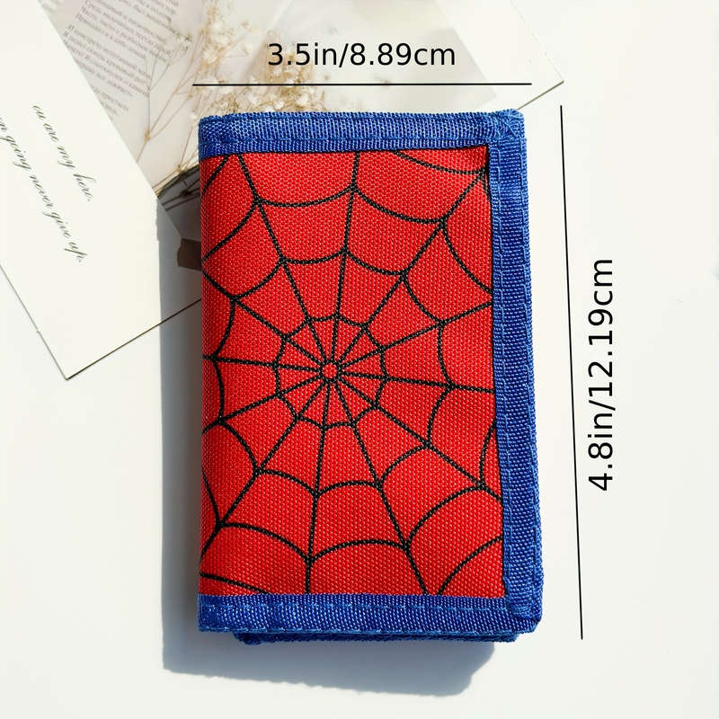 1pc Spider Web Design Trifold Wallet for Teens Stylish Cartoon Print Durable Polyester Large Ca