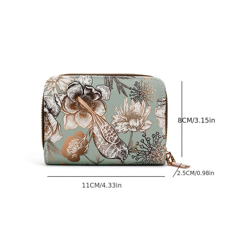 1pc Vintage Floral Print Card Holder Organizer for Women11-Slot Zipper Closure Wallet with Golde