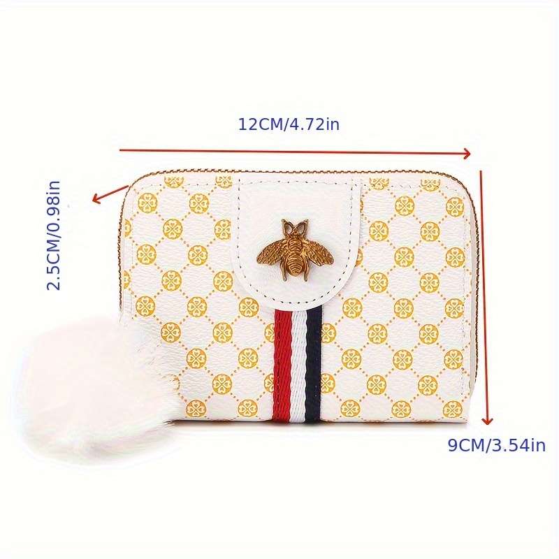 1pc Chic Retro-Inspired Women's Wallet with Honeycomb Print Pompom Accent Multiple Card Slots