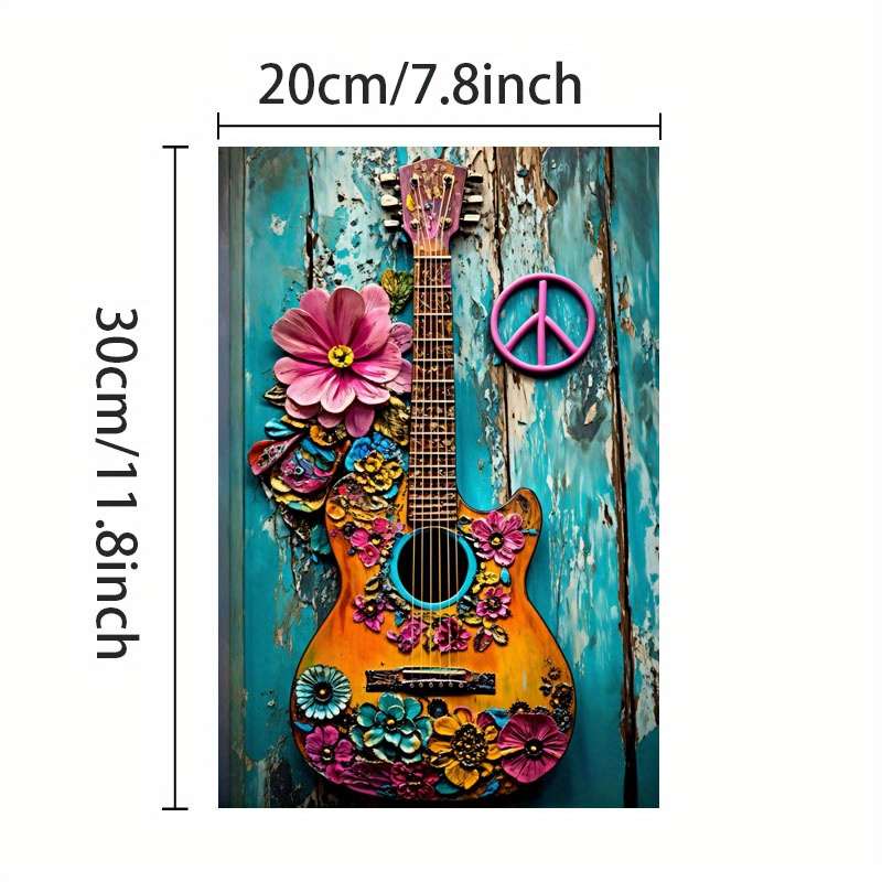 1pc  2D Flat Unframed Painting Vibrant Hippie Guitar And Flowers Canvas Print Poster Wall Art D