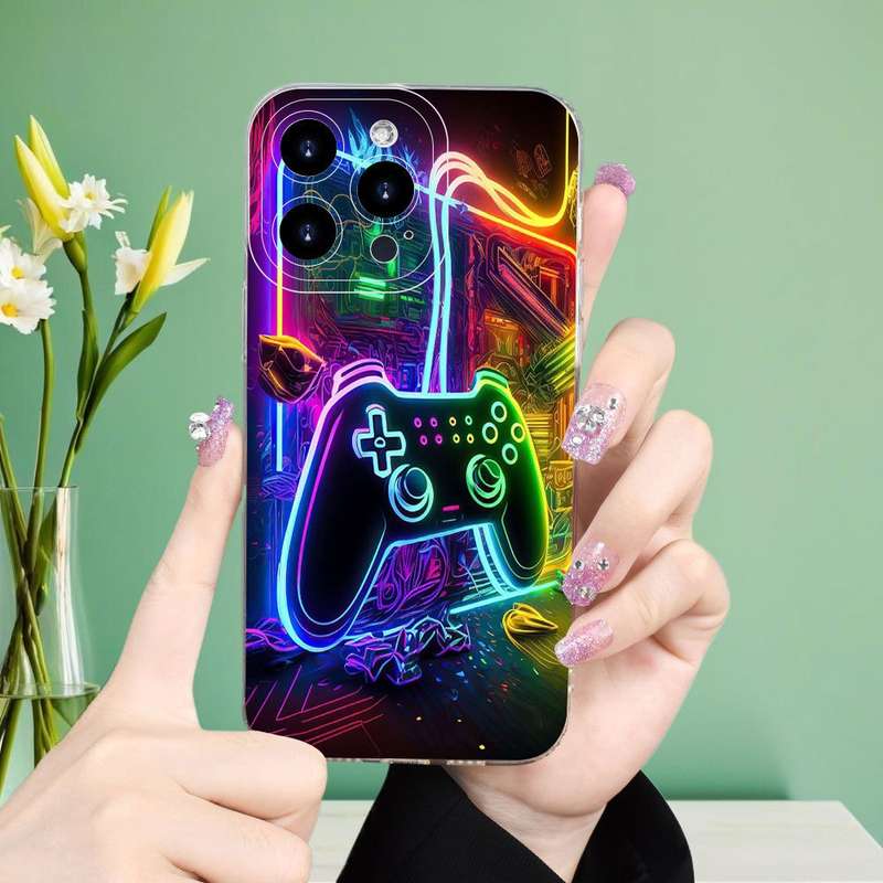 1Pc Mixed Color For iPhone 15 Plus Neon Light And Game Controller Phone Case