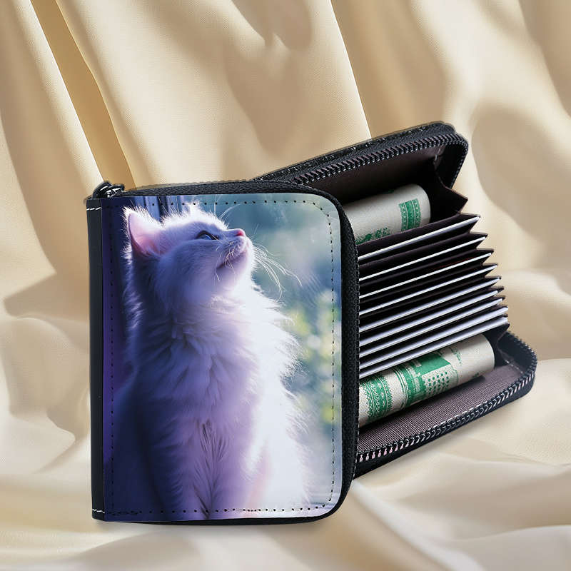 1pc Women's Cat Print Credit Card Holder Wallet9+2 Card Slots with Zipper Closure Compact O
