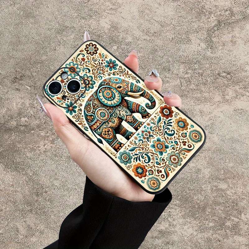1Pc Mixed Color For iPhone 15 Plus Ethnic Elephant And Floral Phone Case