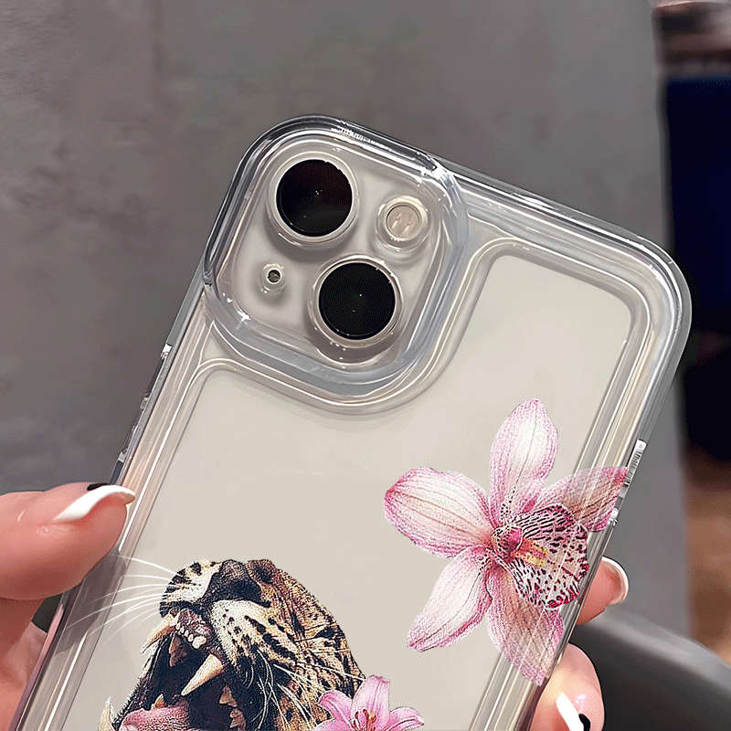 1Pc Transparent For iPhone 12 Pro Max Flower And Yellow Leopard Phone Case
