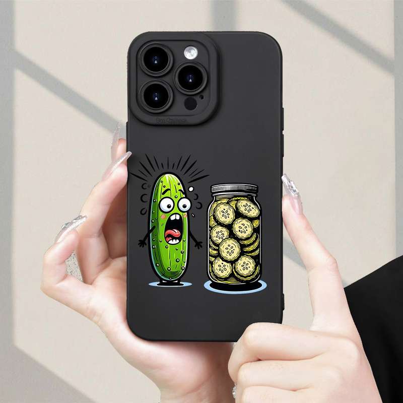 1Pc Black For iPhone 15 Pro Max Cartoon Cucumber Design Phone Case