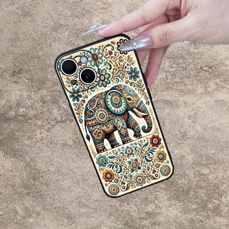 1Pc Mixed Color For iPhone 15 Plus Ethnic Elephant And Floral Phone Case