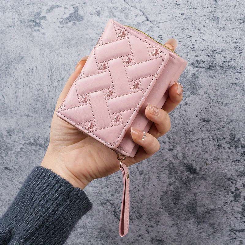 1pc New Korean Style Fashion Heart-Shaped Embroidered Women'S Short Zipper Wallet Clutch Solid Colo