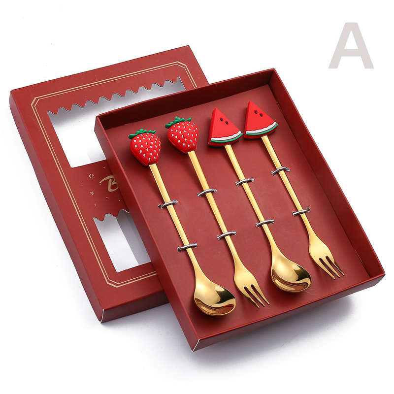 4pcs Gift Box Cartoon Spoon Stainless Steel Spoon Fork Watermelon Doll Animal Dessert Fruit Spo