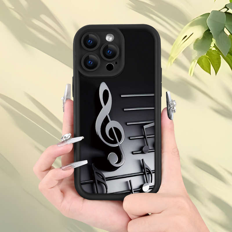 1Pc Black For iPhone 15 Plus Musical Note Pattern Phone Case