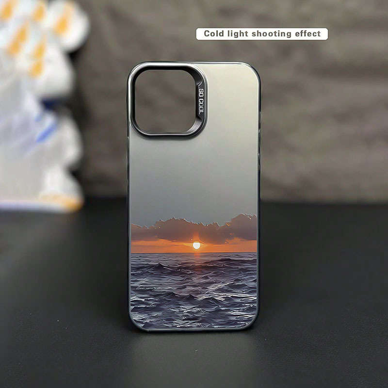 1Pc Black For iPhone 14 Plus Wave And Sunset Pattern Phone Case