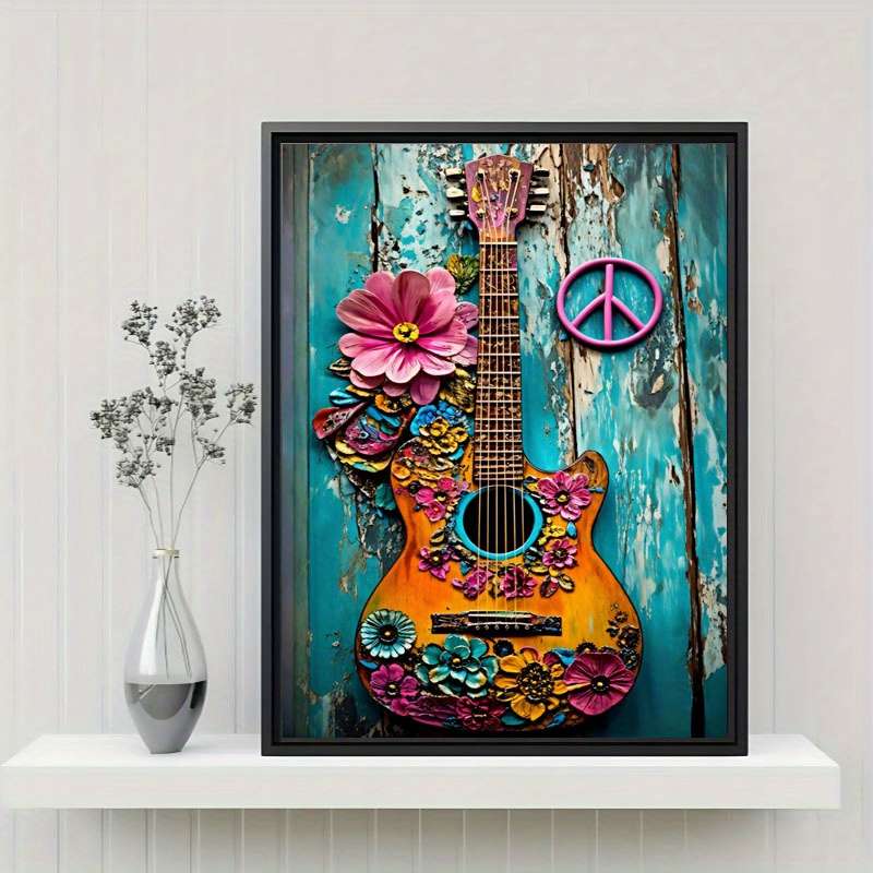 1pc  2D Flat Unframed Painting Vibrant Hippie Guitar And Flowers Canvas Print Poster Wall Art D