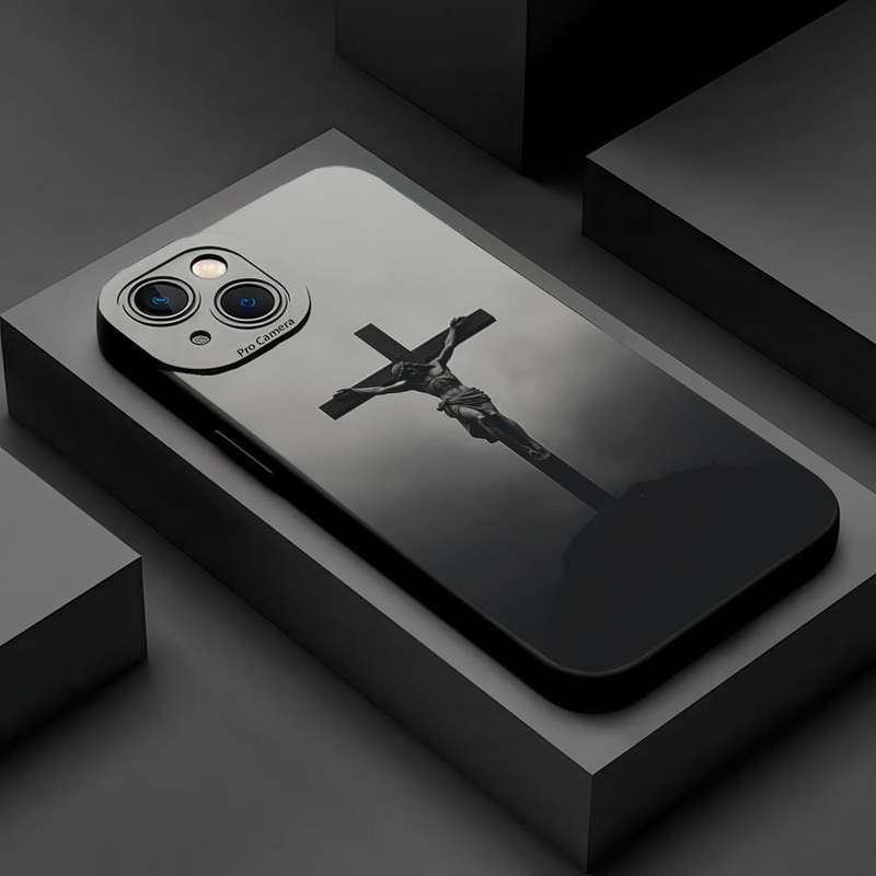 1Pc Black For iPhone 13 Pro Max Cross Jesus Print Phone Case