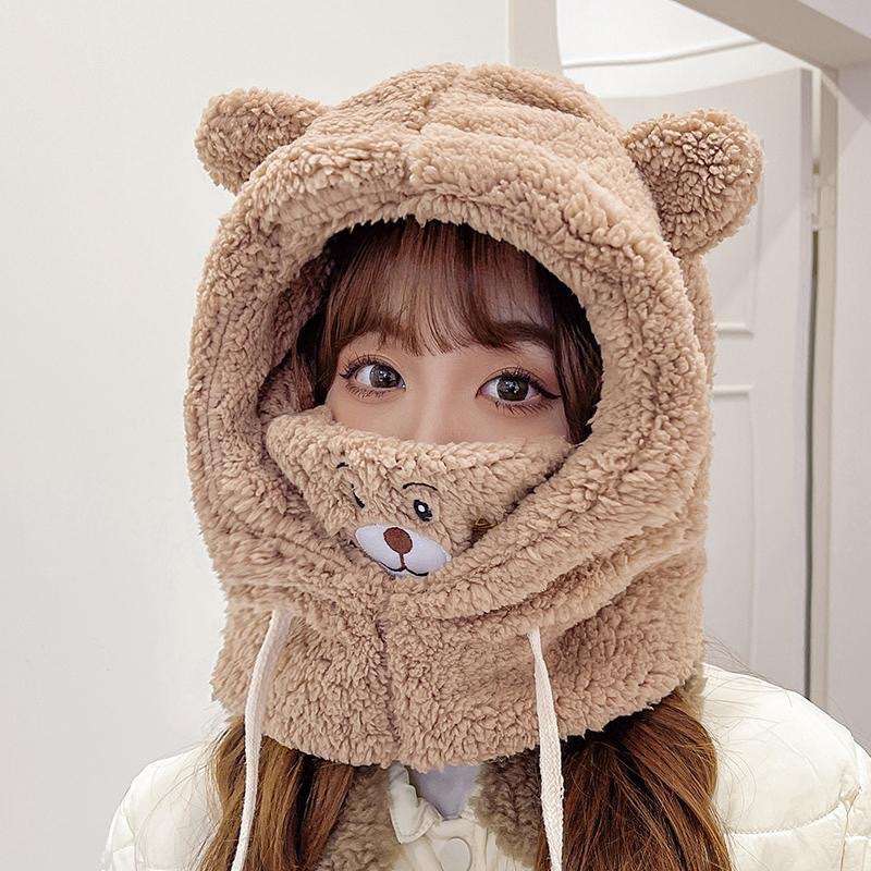 Winter Hat Color Bear Mask Cap  White